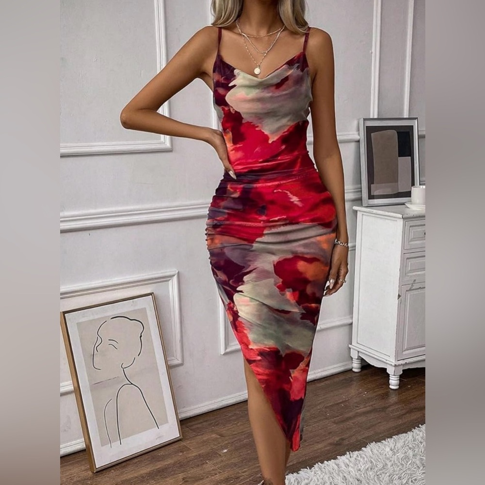 GORGLITTER Women's Mesh Ruched Bodycon Midi Dress Tie Dye Asymmetrical Dresses S